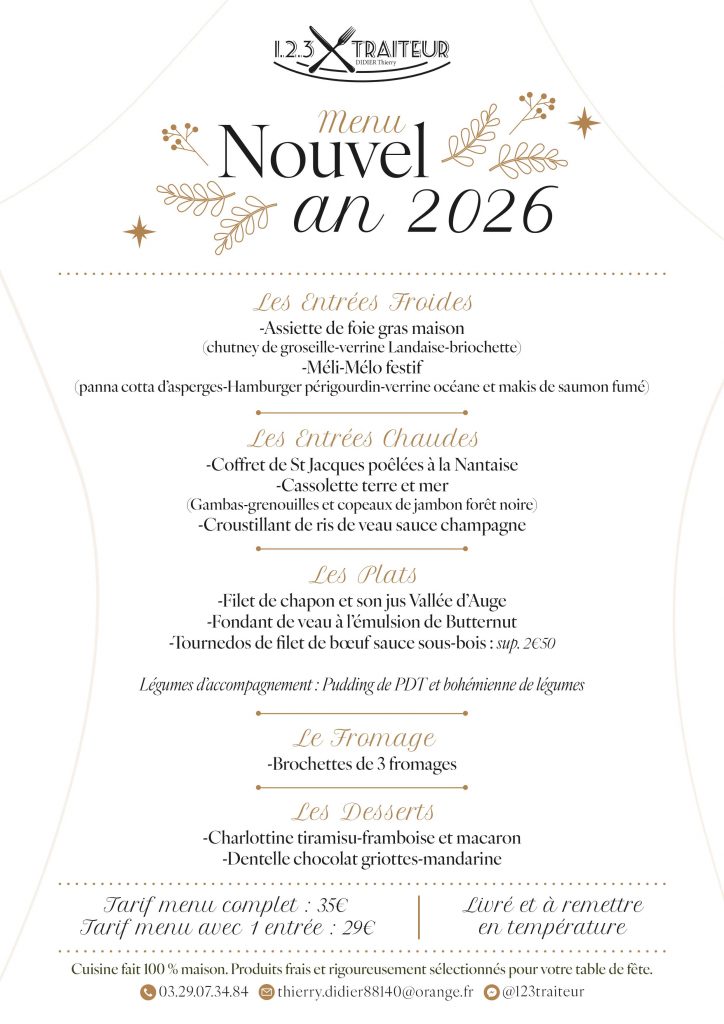 menu de nouvel an 123 Traiteur 2026